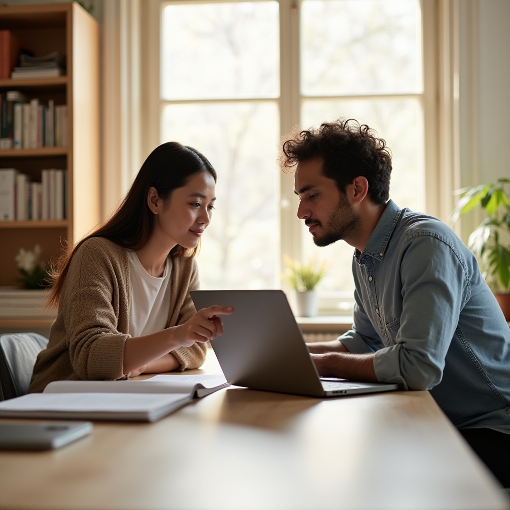 Two people in a bright office discussing content on a laptop screen, collaborative and engaged atmosphere, natural light