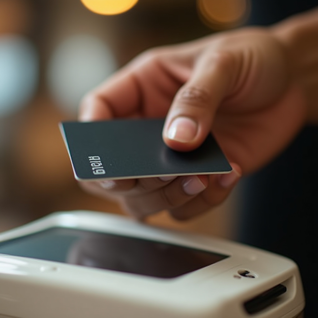Close-up of a hand holding a credit card over a contactless payment terminal, warm amber light, decisive moment