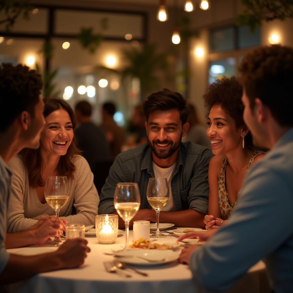 Group of young adults at a restaurant table, one person looking slightly uncomfortable while others order freely, candid moment